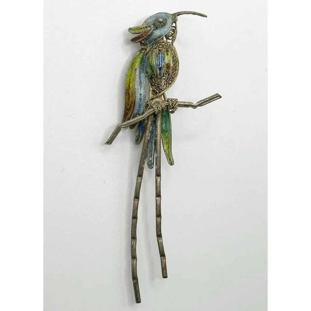 Enameled 800 Silver‎ Filigree Bird Parrot Pin Brooch